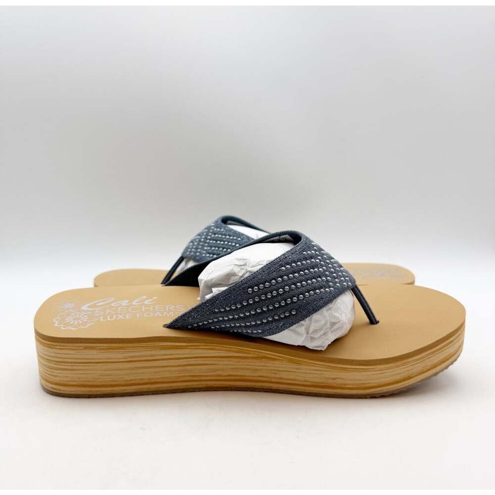 Skechers Women's Summers Mid Wedge Thong Sandals Size 8 EU 38 Slate Blue Tan NIB - Picture 4 of 12